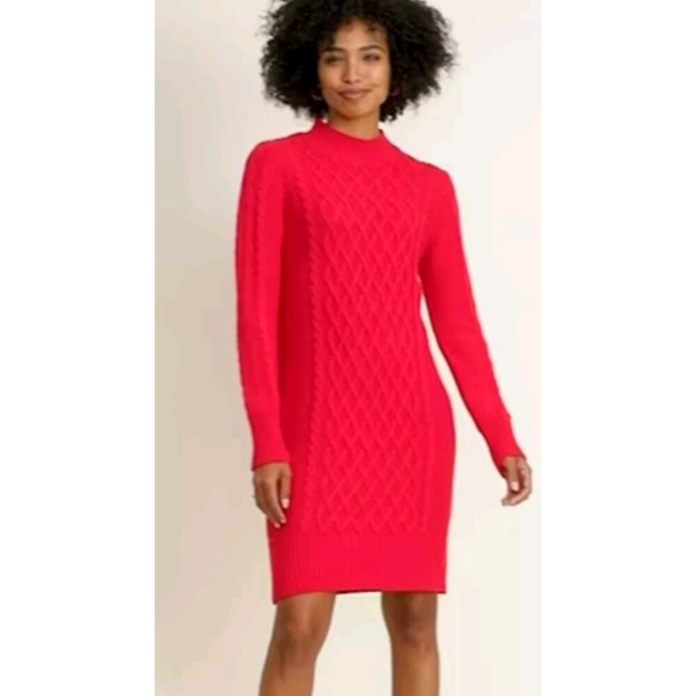 Apple Red Chunky Cable Knit Sweater Dress Women LARGE Midi Mock Neck Old Navy